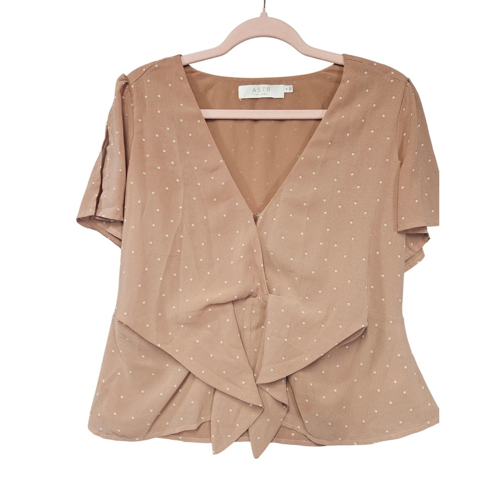 ASTR The Label Tan Polka Dot Tie Front V-Neck Flutter Sleeve Blouse Medium